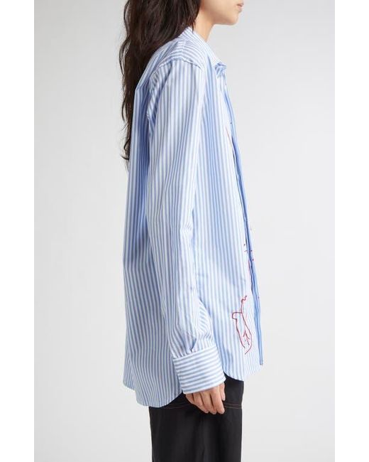 KÚR White I Left My Heart Hand-Embroidered Stripe Button-Up Shirt