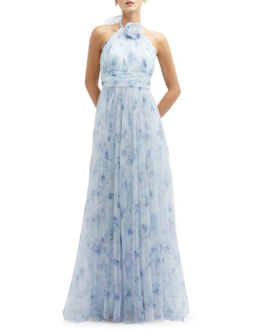 Dessy Collection Blue Floral Print Tulle Gown