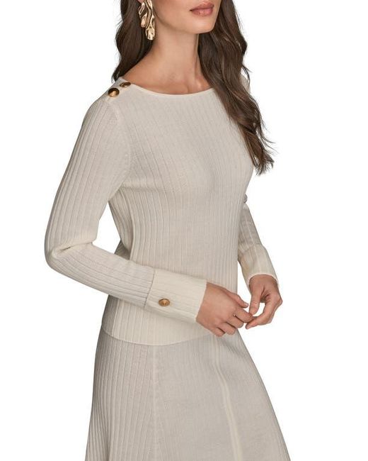 Donna Karan Natural Button Shoulder Boat Neck Rib Sweater