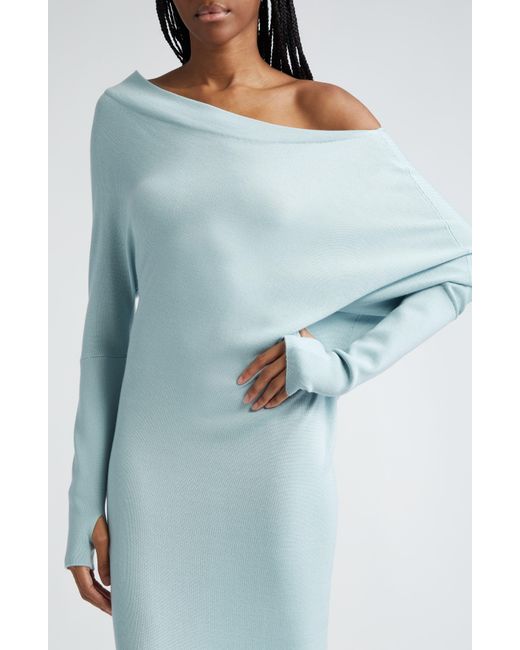 Tom Ford Blue One-shoulder Long Sleeve Cashmere & Silk Midi Sweater Dress