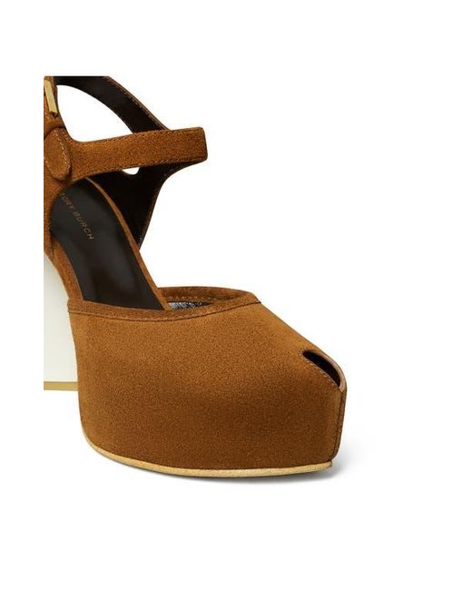 Tory Burch Brown Ankle Strap Peep Toe Platform Pump