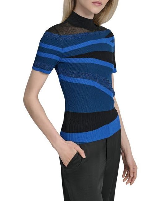DKNY Blue Colorblock Short Sleeve Sweater