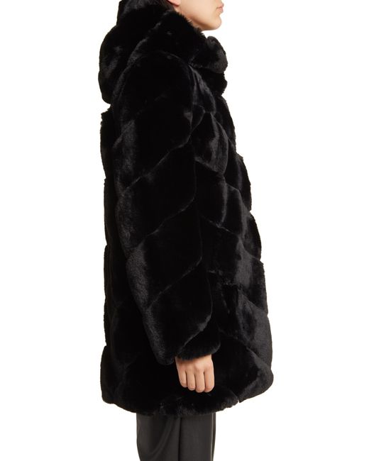 BCBGMAXAZRIA Black Chevron Faux Fur Hooded Jacket