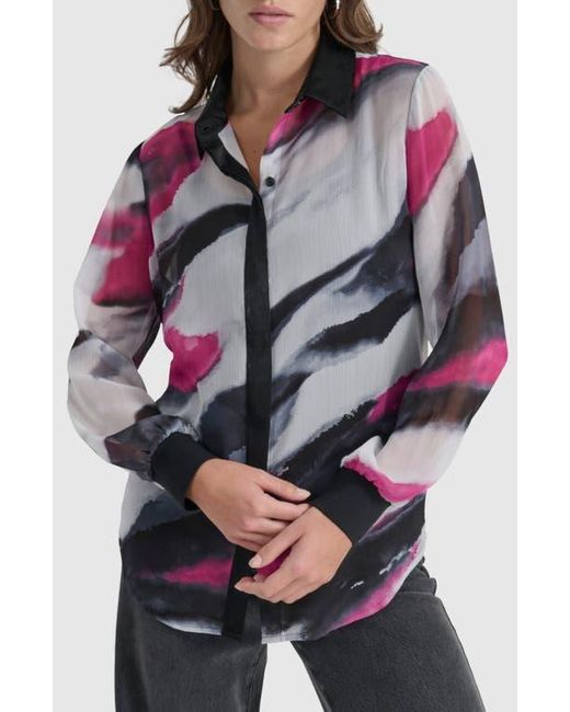 DKNY Gray Printed Semisheer Chiffon Button-Up Top