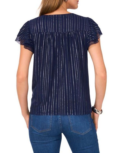 Vince Camuto Blue Stripe Flutter Sleeve Button-Up Mesh Top