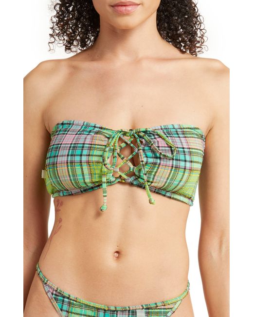 Ganni Plaid Seersucker Bikini Top in Green | Lyst