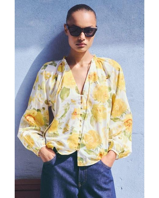 Mango Yellow Floral Tie Neck Button-Up Top