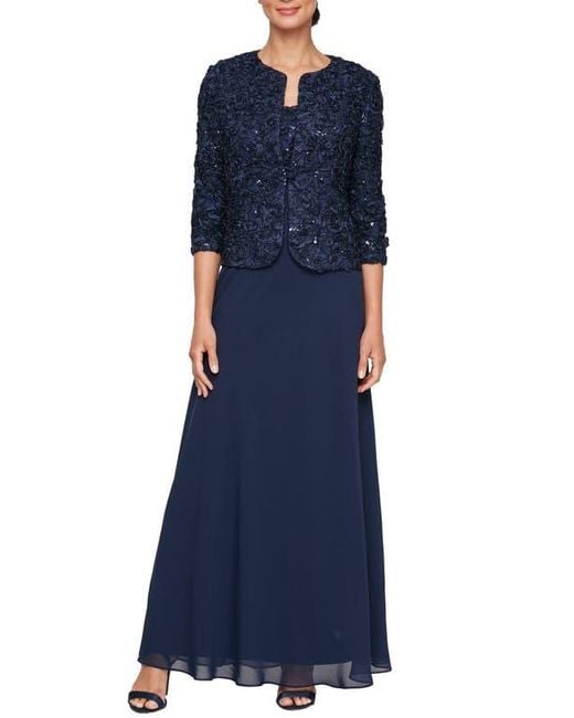Alex Evenings Blue Sequin Soutache Lace Empire Waist Chiffon Gown With Jacket