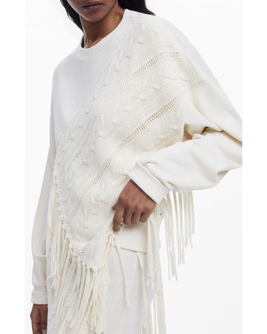 Desigual White Mixed Stitch Fringe Sweatshirt