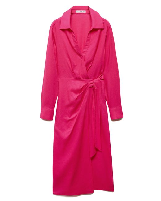 Mango Pink Carola Tie Waist Long Sleeve Wrap Dress