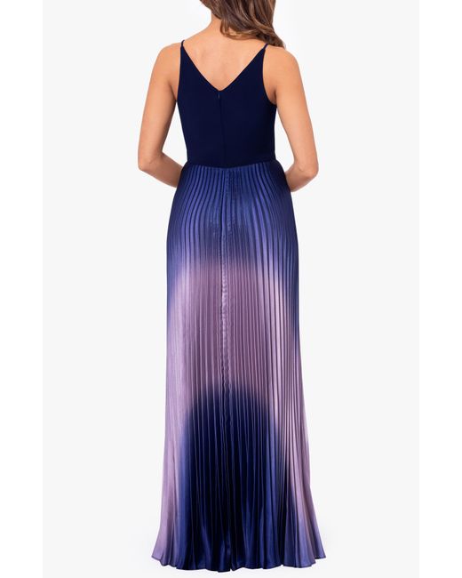 Betsy & Adam Blue Ombré Pleated Sleeveless Gown