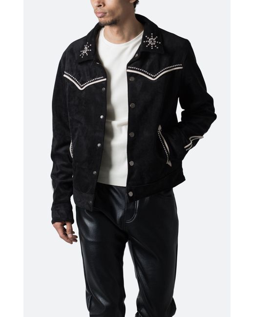 MNML Black Embellished Western Faux Suede Jacket for men