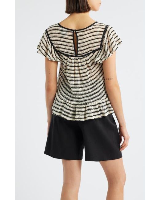 Bobeau Black Ruffle Open Stitch Short Sleeve Sweater