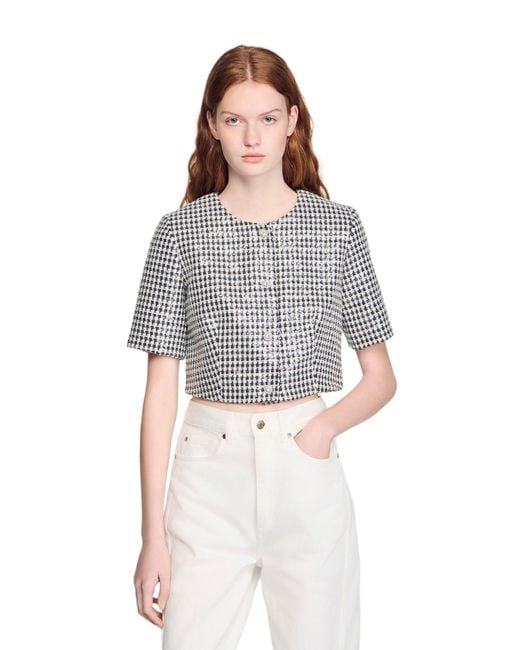 Sandro Multicolor Cropped Houndstooth Tweed Jacket