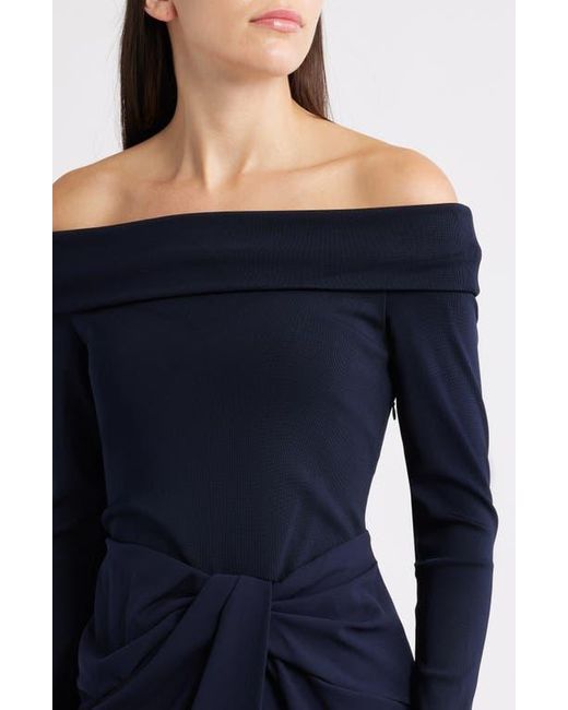 Ralph Lauren Blue Off The Shoulder Long Sleeve Rib & Crepe Gown