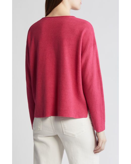 Eileen Fisher Red Jewel Neck Linen & Cotton Knit Top