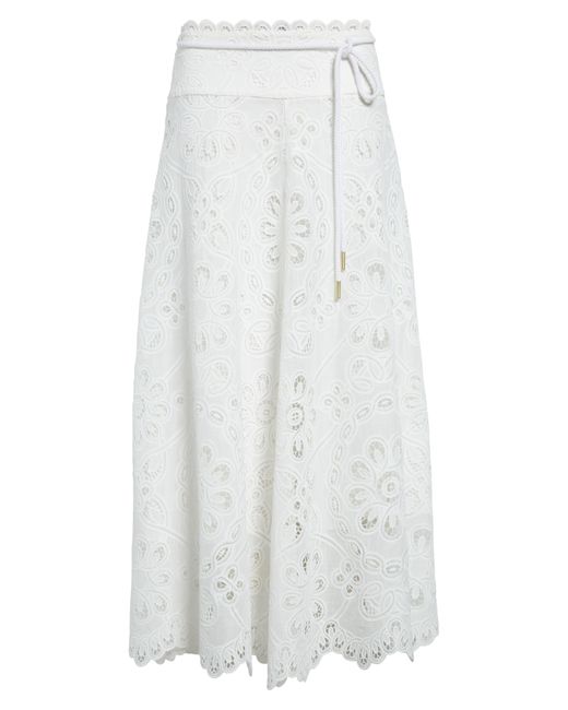 Zimmermann White Ottie High Waist Handkerchief Hem Guipure Lace Cotton Skirt