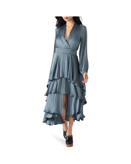 Steve Madden Blue Bei Long Sleeve Tiered Satin Midi Dress