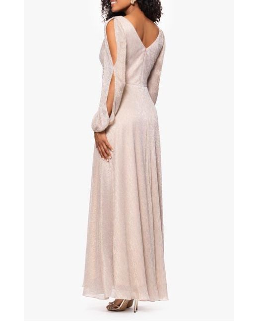 Betsy & Adam Multicolor Metallic Crinkle Long Sleeve A-Line Gown