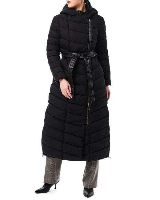 Bernardo Belted Longline Hooded Puffer Jacket With Removable Bib in Black Lyst