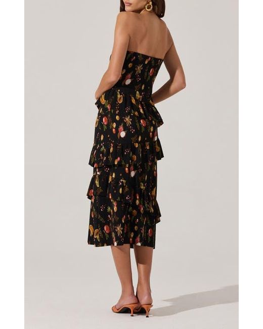 Astr Black Plissé Asymmetric Tiered Ruffle Strapless Midi Dress