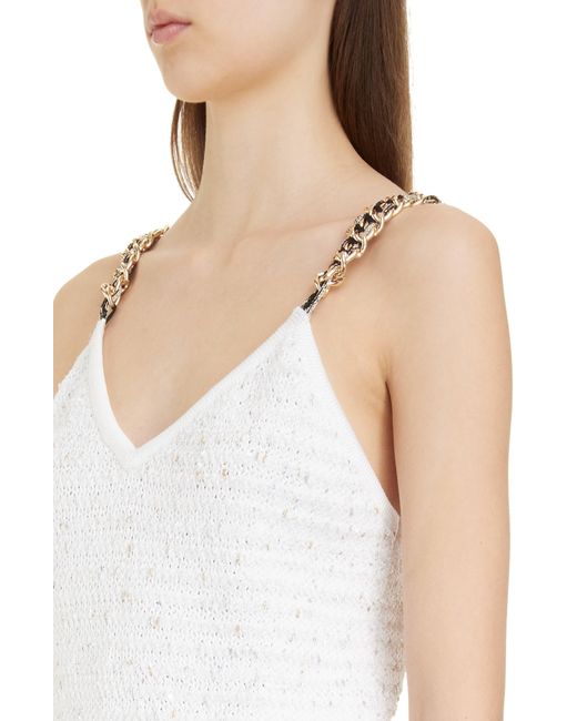 Balmain White Chain Strap Fringe Tweed Minidress