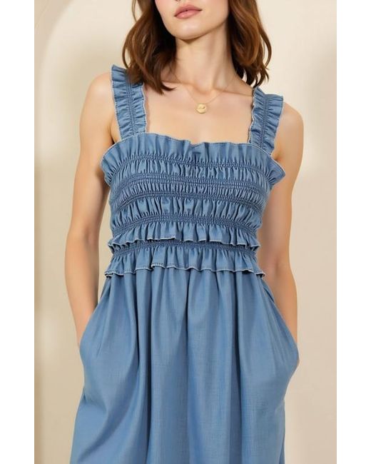 Modenaire Blue Smocked Ruffle Strap Square Neck Flowy Midi Dress