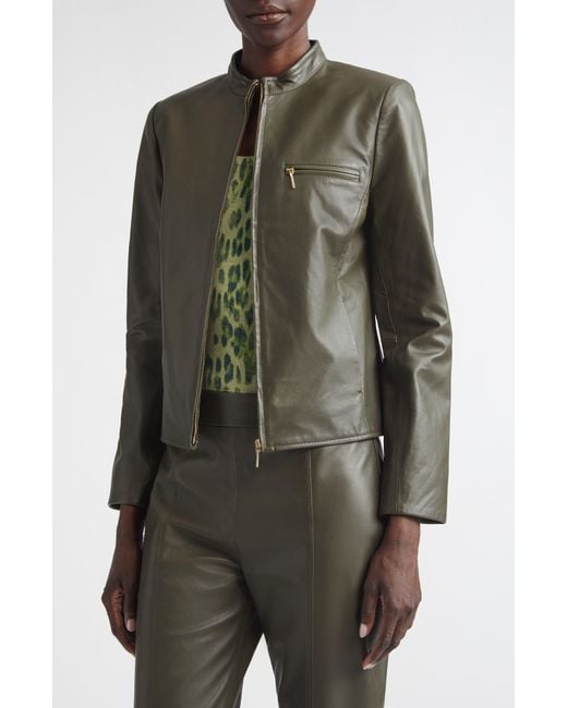 St. John Green Zip Pocket Leather Jacket