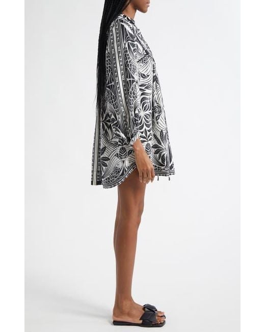 Farm Rio Black Monochrome Elegance Scarf Print Long Sleeve Linen Blend Minidress