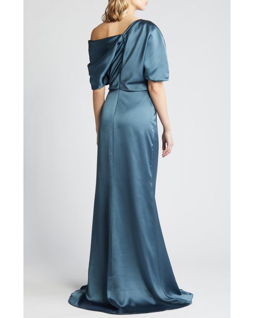 Amsale Blue Gathered One-shoulder Satin Gown