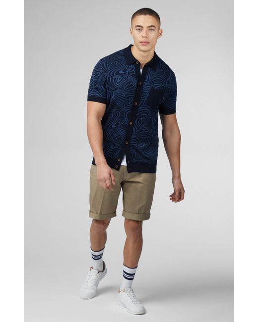 Ben Sherman Blue Swirl Jacquard Short Sleeve Knit Button-up Shirt for men