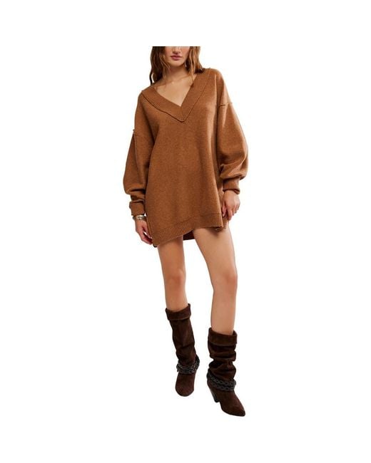 Free People Brown Chelsea V-Neck Tunic Sweater
