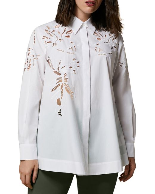 Marina Rinaldi White Embroidered Floral Cutwork Cotton Button-up Shirt