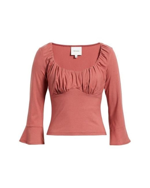 Reformation Red Effie Ruched Detail Long Sleeve Knit Top