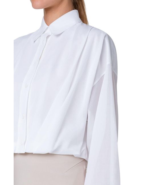 Akris White Pleated Waist Cotton Voile Button-up Shirt