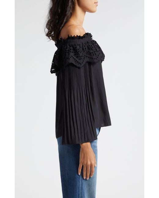 Ramy Brook Black Holland Ruffle Eyelet Off The Shoulder Top