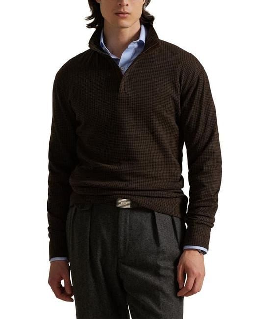 Polo Ralph Lauren Black Houndstooth Luxury Cotton Blend Quarter Zip Pullover for men