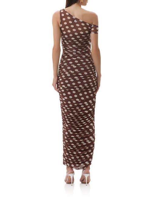 AFRM Brown Biona Printed One-Shoulder Ruched Mesh Maxi Dress