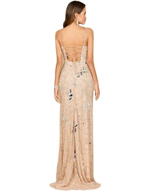 LARA New York Natural Mirror Beaded Gown With High Slit