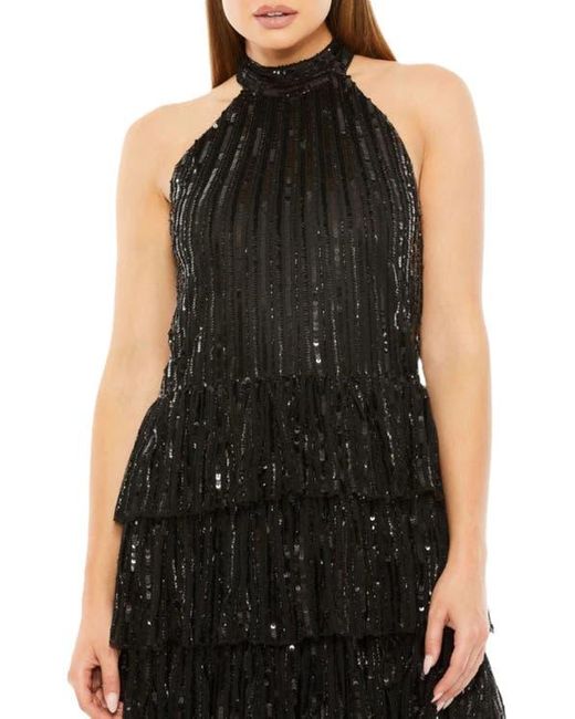 Mac Duggal Black High Neck A-Line Ruffle Sequin Mini Dress