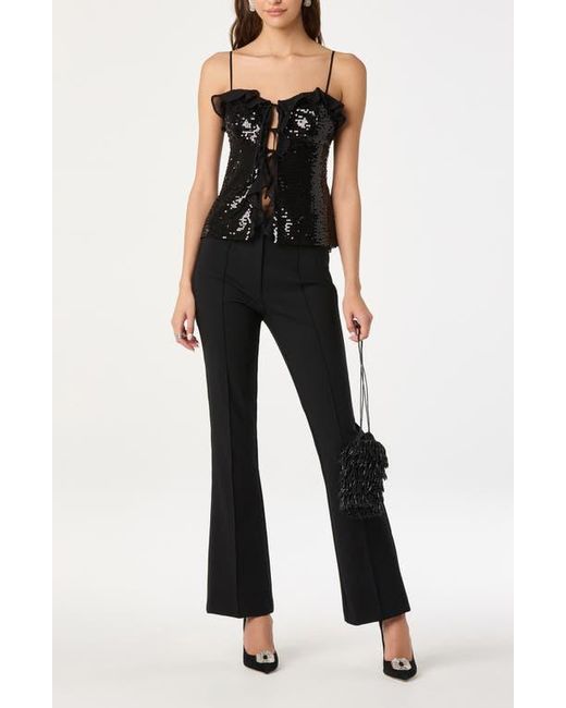 Astr Black Sequin Ruffle Trim Tie Front Top