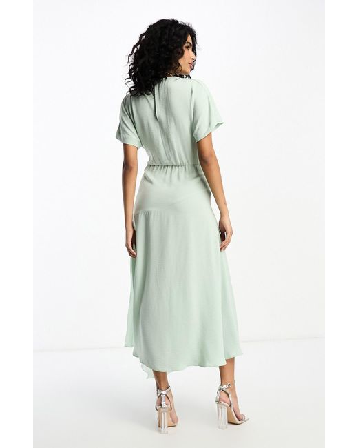 ASOS Green Flutter Sleeve Hammered Satin Midi Dress