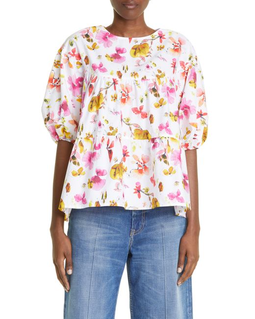 Merlette Paraiso Floral Print Puff Sleeve Tiered Top in Blue | Lyst