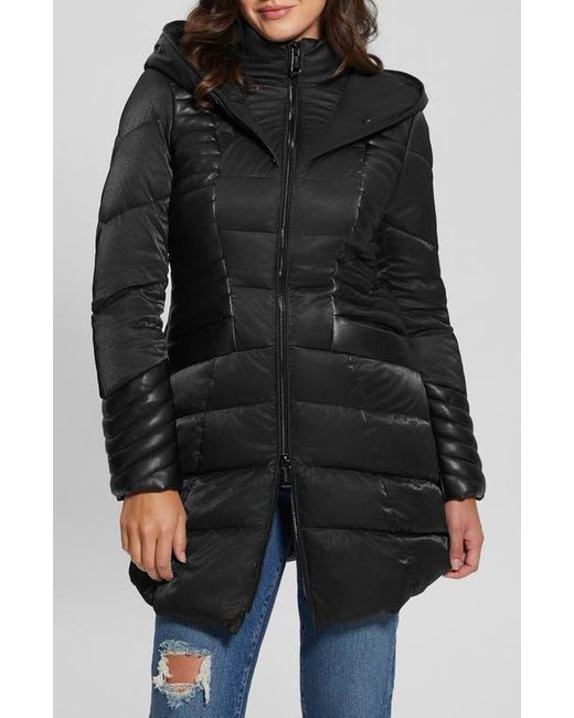 Guess Black New Oxana Mixed Media Puffer Coat