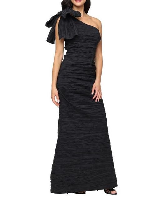 Alex Evenings Black Bow Detail One-Shoulder Ruched Satin Gown