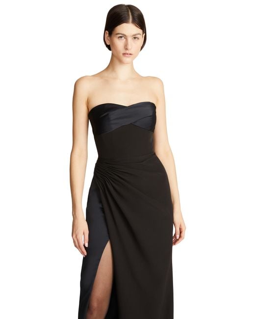 Halston Heritage Black Esther Ruched Strapless Crepe & Satin Gown