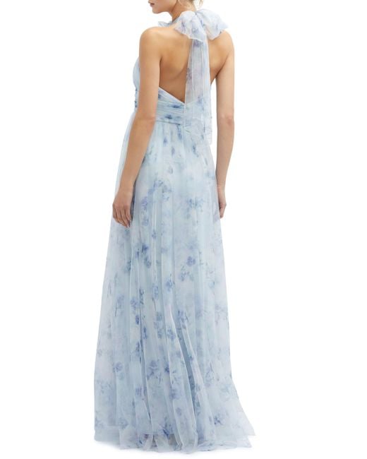 Dessy Collection Blue Floral Print Tulle Gown