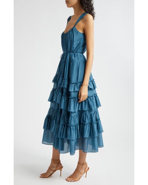 Cinq À Sept Blue Kandra Ruffle Tiered Cotton & Silk Blend Dress