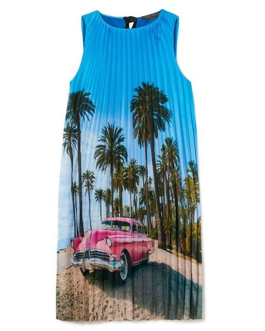 Marina Rinaldi Blue Madera Print Pleated Sleeveless Midi Dress