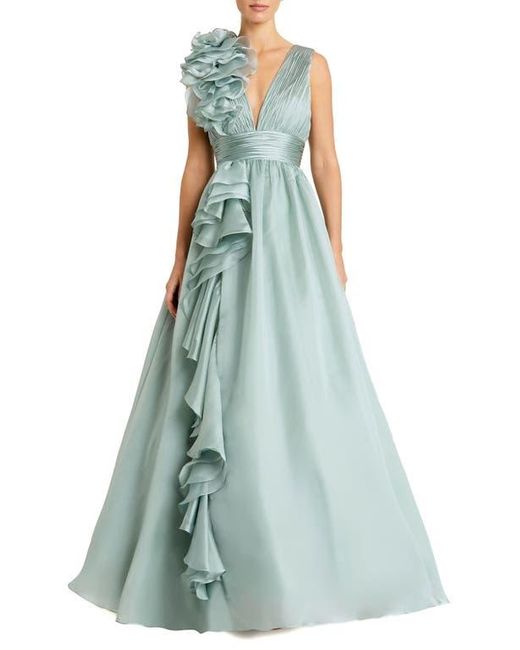 Mac Duggal Blue Ruffle Shoulder V-Neck Chiffon Ballgown